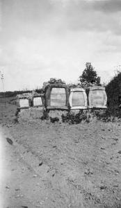 Five coffins along the roadside.