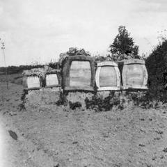 Five coffins along the roadside.