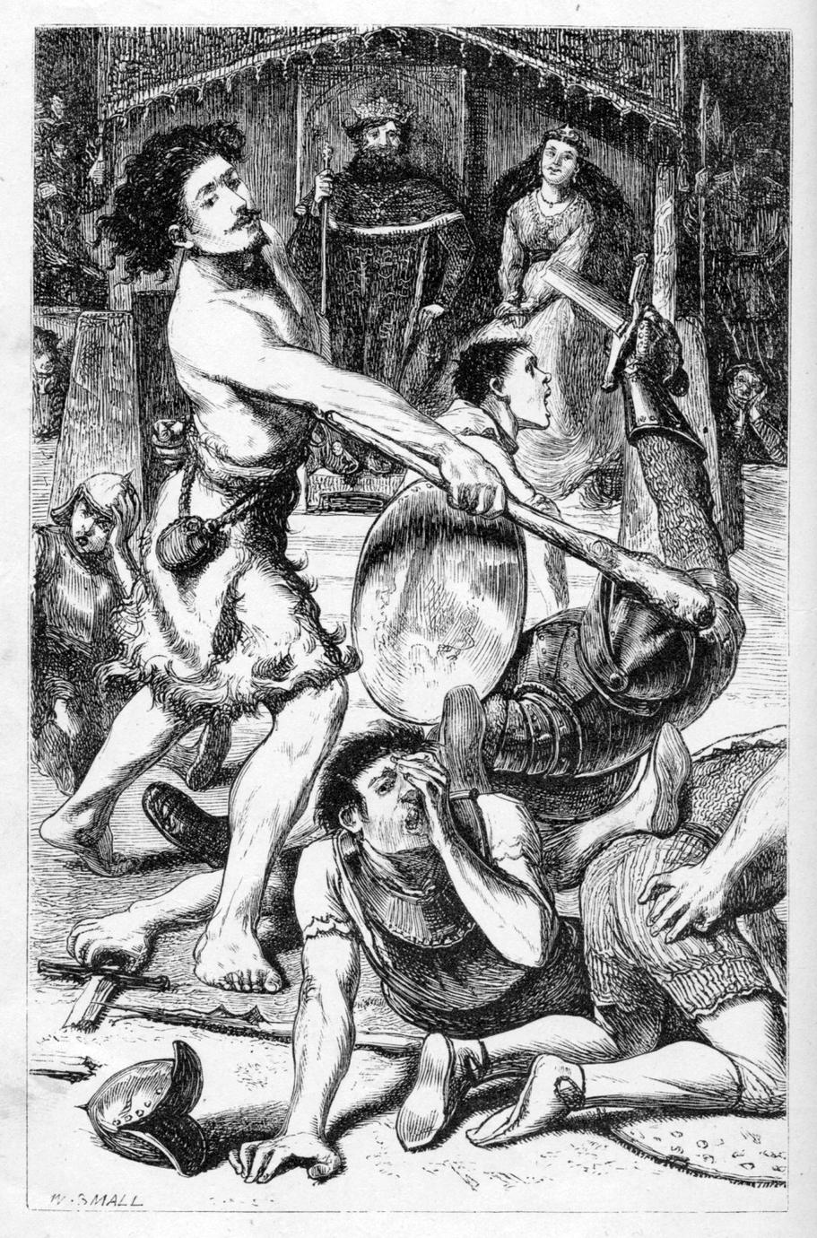 Illustration of men fighting with clubs and swords in front of a king and queen