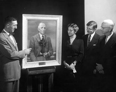 Presentation of portrait painting of AL by Robert Grilley, September 10, 1954 (L-R : Robert McCabe, Estella B. Leopold, Robert Grilley, Ira Baldwin)