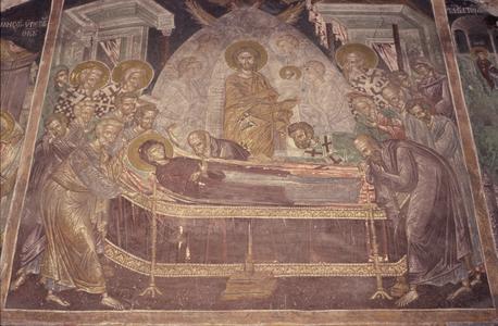 Dormition fresco at St. George's chapel at Agiou Pavlou