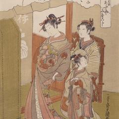 The Courtesan Miyakoji of the Nakaomi Establishment Strolling with Two Attendants, from the series Thirty-six Flowers