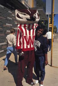 Bucky Badger with student