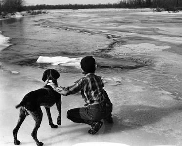 Estella Leopold and Gus at river in winter