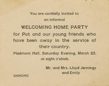 Invitation to a Pat's "Welcoming Home Party"