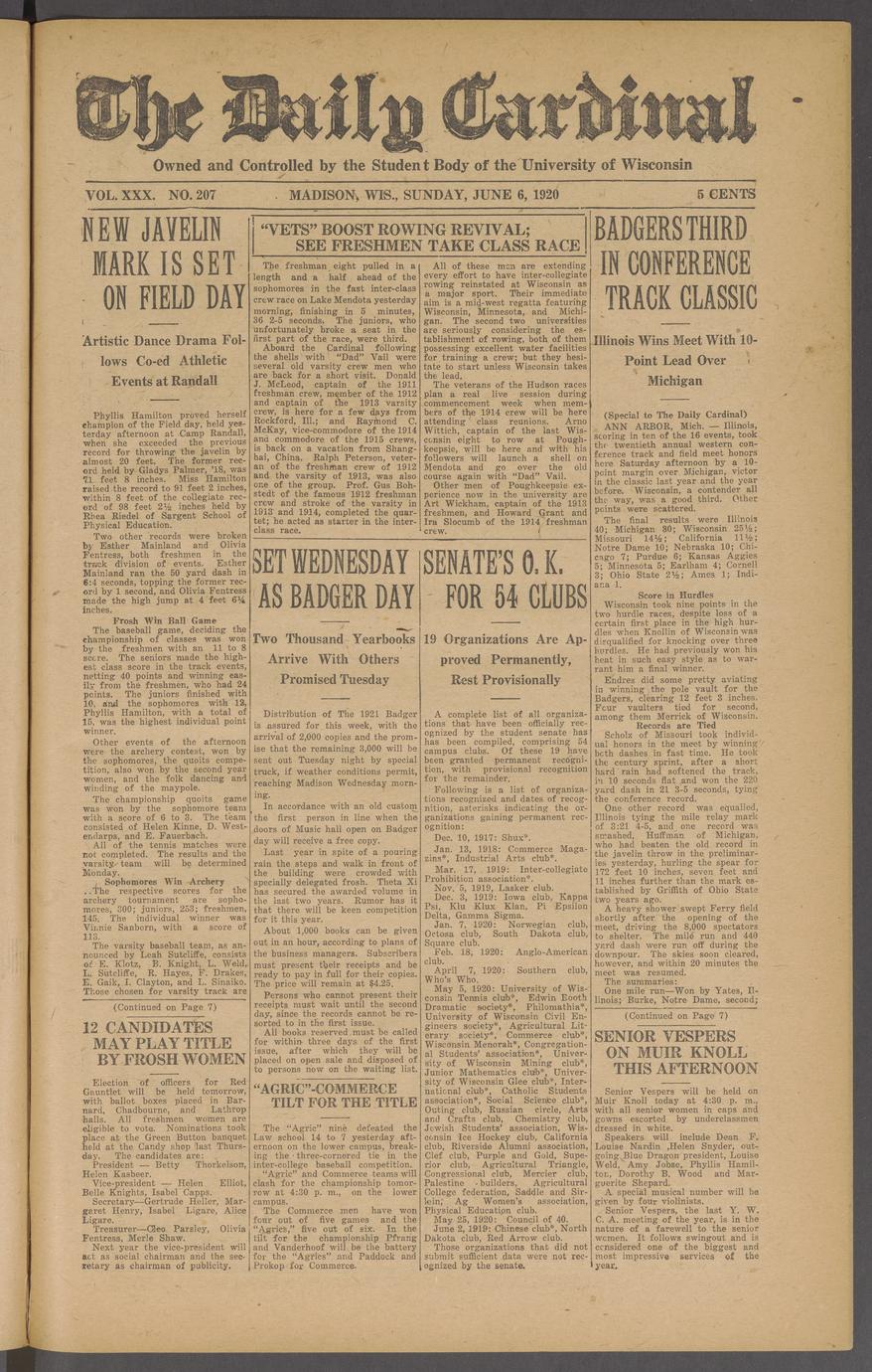 The daily cardinal Vol. XXX, No. 207 June 6, 1920 - Full view - UWDC -  UW-Madison Libraries