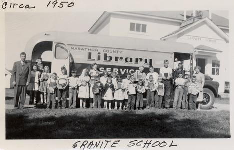 Marathon County Library Service Bookmobile at Granite School in about 1950
