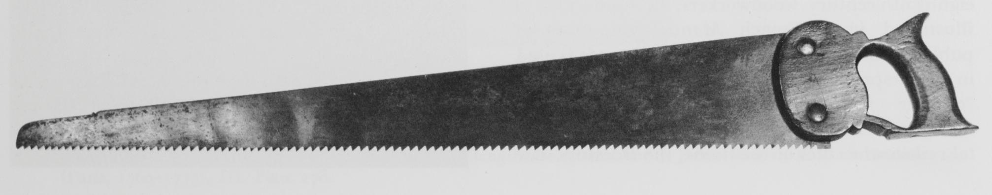 Black and white photograph of a handsaw.