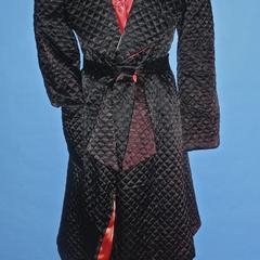 Red synthetic satin pajamas and quilted robe