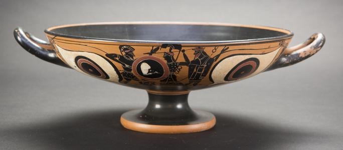 Wine Cup (Kylix) with Gorgon Head (interior) and a Warrior, Athena, and Hermes (exterior)