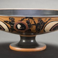 Wine Cup (Kylix) with Gorgon Head (interior) and a Warrior, Athena, and Hermes (exterior)