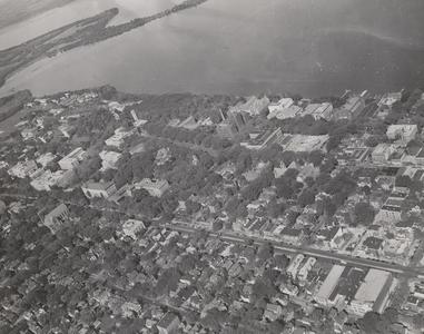 Aerial view of campus and lake