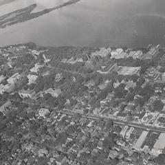 Aerial view of campus and lake