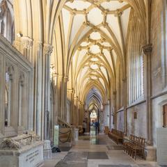 Wells Cathedral Interior choir aisle looking west