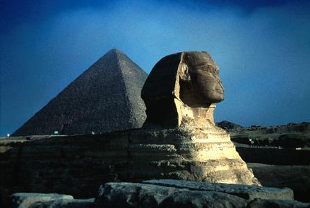 Side View of Sphinx, Pyramid of Khafre (Chephren) in Background
