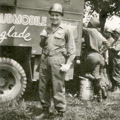Ray in front of the Clubmobile getting his coffee and donuts