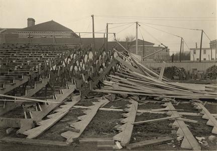 Close up view of collapsed bleachers at Camp Randall stadium