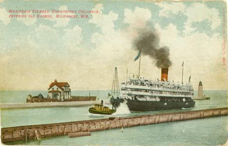 Whaleback steamer, Christopher Columbus, entering the harbor, Milwaukee, Wis.