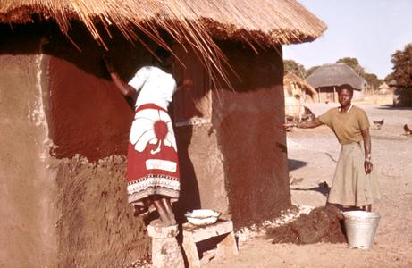 Lozi Women Applying Mud and Dung Stucco to Walls of House in Barotseland
