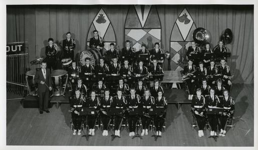 Stout Band group photograph on stage, Christmas Concert, December 1957