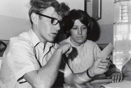 Male and female students studying, University of Wisconsin--Marshfield/Wood County, March 1969