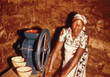 Woman Grinding Corn by Electric Machine