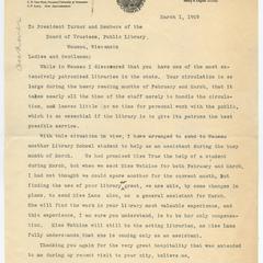 Letter from the Wisconsin Free Library Commission to the Wausau Free Public Library 1909