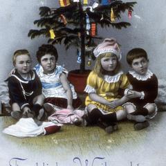 German-American postcard with children seated under a decorated Christmas tree