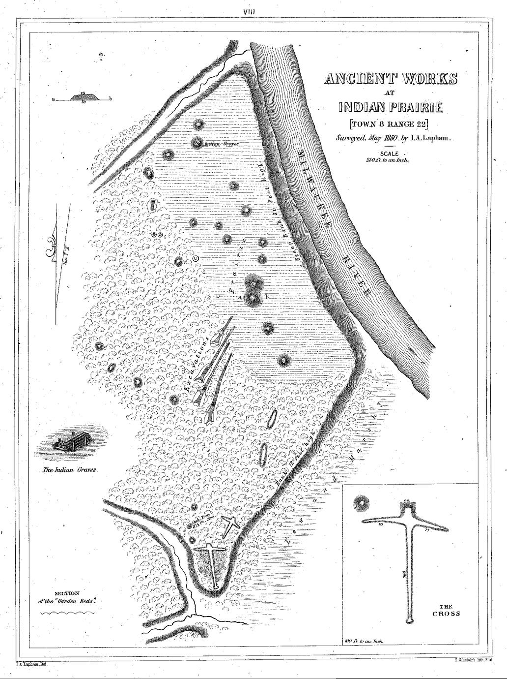 VIII. Ancient Works at Indian Prairie [Town 8 Range 22] Surveyed, May 1850 by I. A. Lapham. Scale 250 ft. to an Inch.