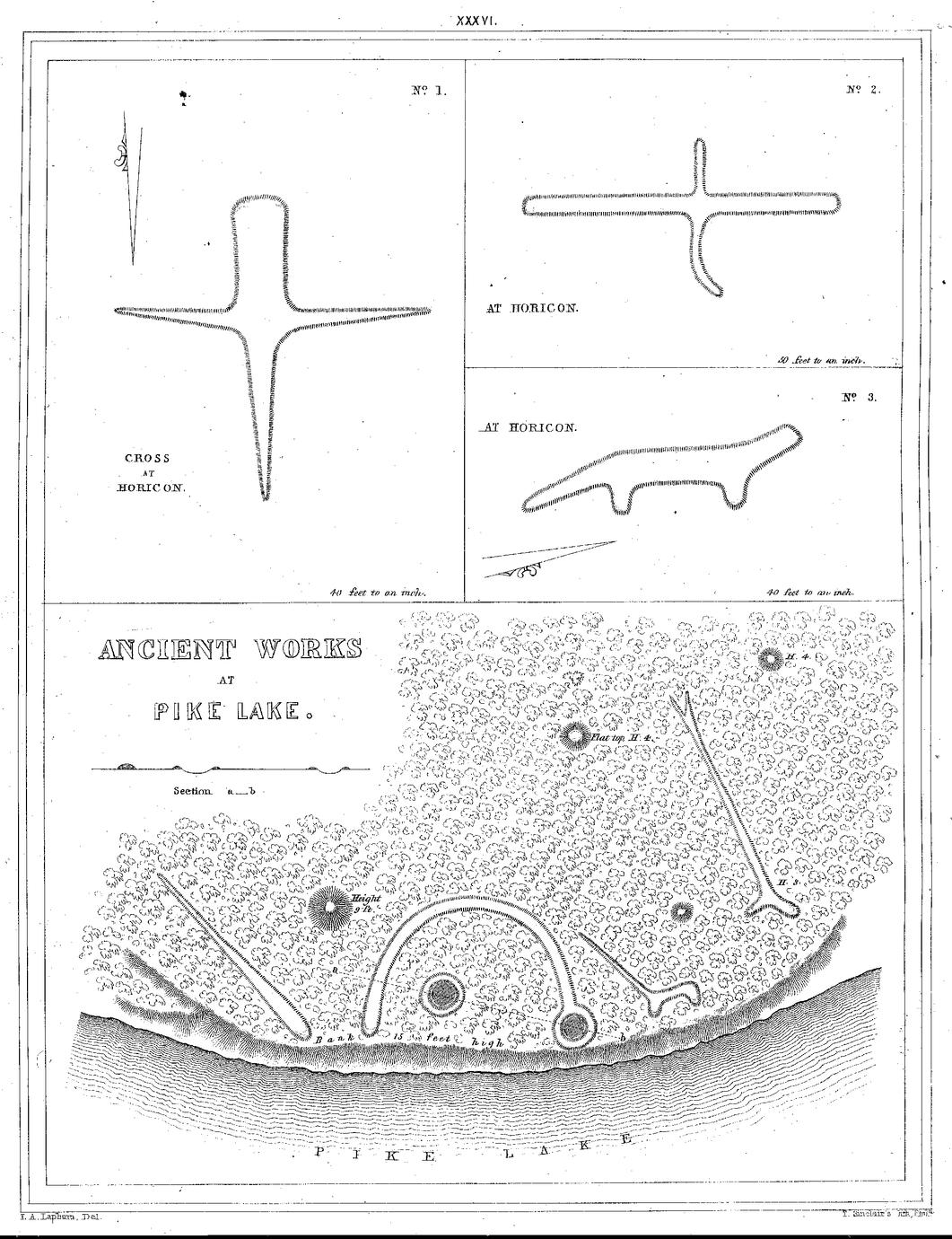 XXXVI. Ancient Works at Pike Lake. No. 1. Cross at Horicon. 40 feet to an inch. No. 2. At Horicon. 50 feet to an inch. No. 2. 3t Horicon. 40 feet to an inch.