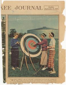 Wife Estella competing in state archery championship, color newspaper photo, September 1934