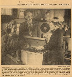 Record player donated to Wausau Public Library, 1948