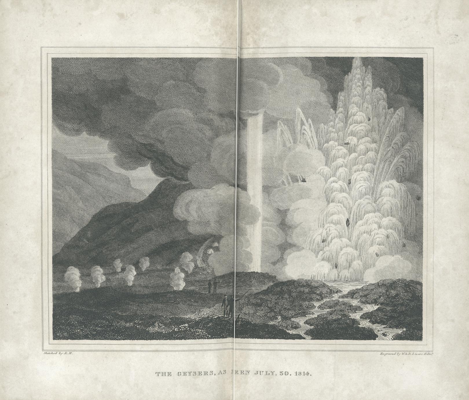 Engraving of Geysir and Strokkur erupting.