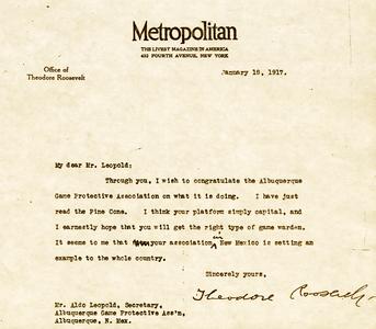 Congratulatory letter from Theodore Roosevelt Re : New Mexico Game Protective Association, on Metropolitan Magazine stationery, January 18, 1917