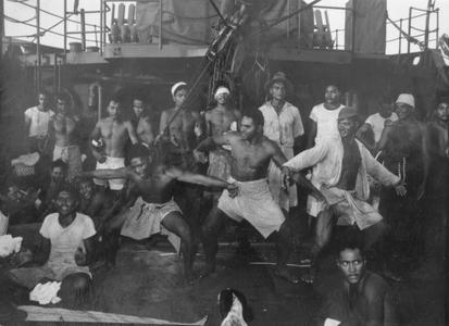 Indigenous people dancing on the deck of Balsam