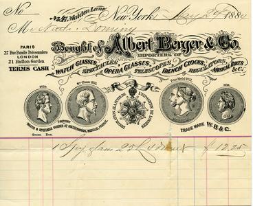 Bill from Albert Berger & Co. to Nathaniel Dominy VII, 1884