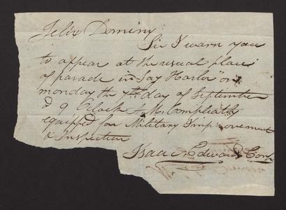 Order from Isaac Edwards to Felix Dominy, to report to the Sag Harbor parade