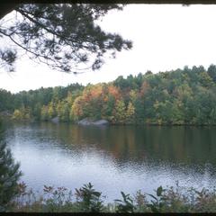 View of Beaverdam Lake with fall colors, six miles west of Mellen, Wisconsin