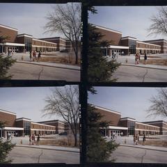 Four photos of students outside main entrance