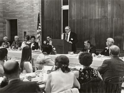 Norbert Koopman speaking during the Leopold, Felker, Clark naming ceremony, University of Wisconsin--Marshfield/Wood County, 1974