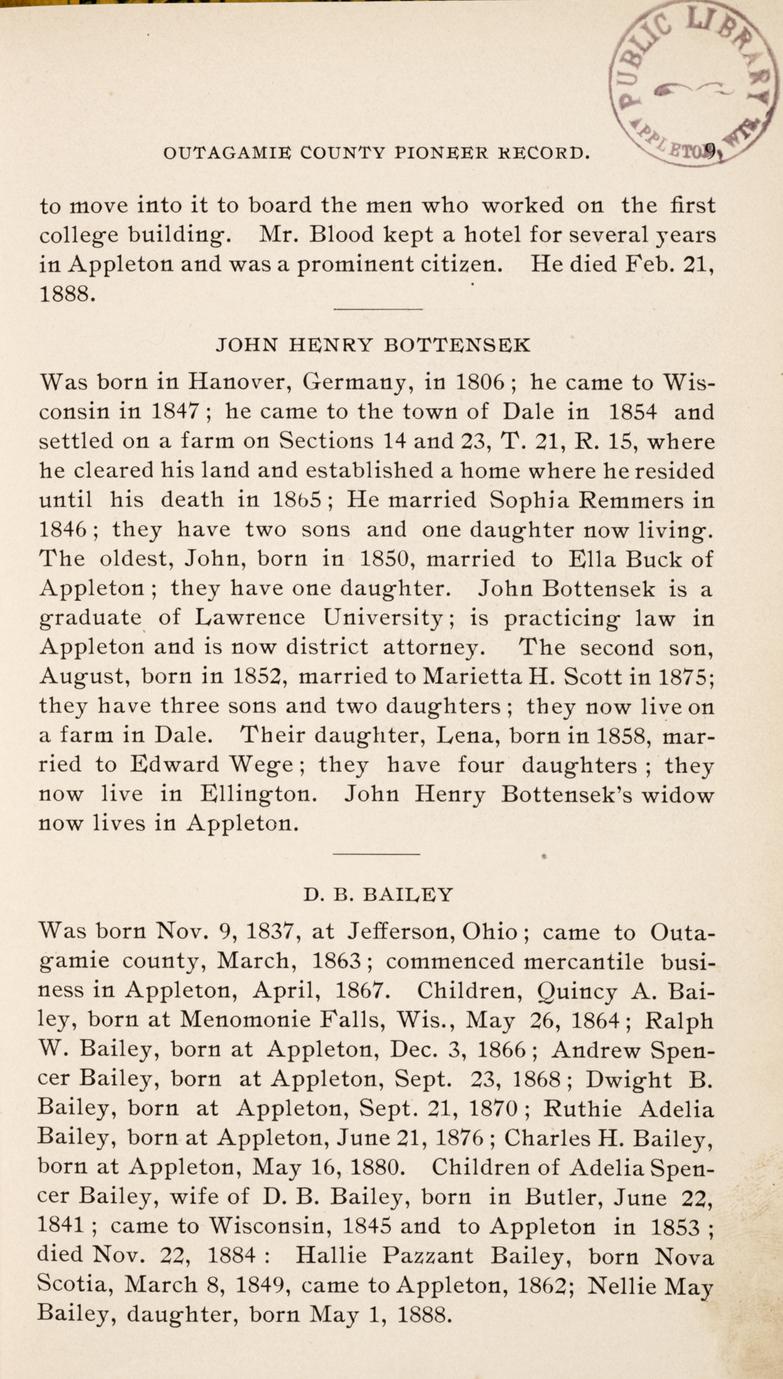 Record of the pioneers of Outagamie County, Wisconsin also an