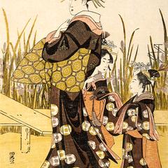 The Courtesan Takigawa of the Ogi Establishment with Her Child Attendants Yoshino and Tatsuta beside an Iris Pond