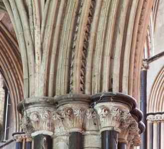 Worcester Cathedral interior choir south aisle capitals