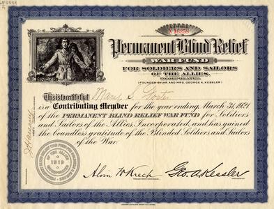 Certificate from the Permament Blind Relief War Fund for Soldiers and Sailors of the Allies