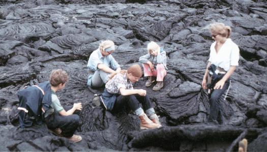 Mark S. Morache, Marge M. Iwen, Heather L. Bott, Paula Iwen-Landers, Elisabeth H. Owens (Field Assistants) on bed of lava